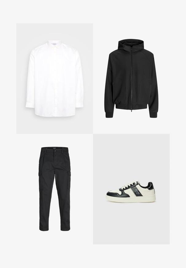 Črna jopica s kapuco in zadrgo spredaj, raglan rokavi, stranske žepke in elastične manšete. Narejena iz gladkega blaga z ohlapnim krojem.; Bela srajca z dolgimi rokavi in gumbi, narejena iz bombaža. Ima koničast ovratnik in šest gumbov spredaj. Gladka tekstura, običajen kroj.; Črne cargo hlače iz trdnega blaga, ki imajo več žepov, gumbasto zapiranje in ozek kroj z zožanimi nogami.; Usnjeni športni čevlji z črno in krem barvno shemo, ki vključujejo perforirane dodatke, podložen ovratnik in strukturirano podplat.