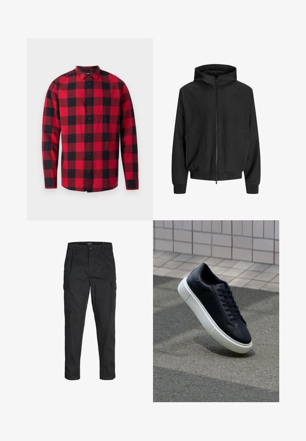 Mustmust kapuutsi ja lukuga, raglan varrukad, küljetaskud ja elastsed mansetid. Valmistatud siledast kangast, lõdva lõikega.; Punane ja must ruuduline flanellpaita nupuväärisega ees, pikad varrukad ja krae. Omab klassikalist ruudustikku.; Mustad mustapõlvik, mis on valmistatud tugeva koe kasutades, sisaldab mitmeid taskuid, nupule kinnitatav sulgemine ja kitsenev disain.; Mustast nahast tennisetoss, millel on ümar nina ja valge kummist tall. Omab siredaid paelu ja minimaalset õmblemist ülemises osas. Tekstuuriga tald, mis tagab haakuvuse.