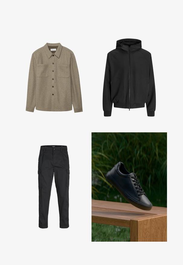 Fekete kapucnis dzseki, elől cipzárral, raglán ujjak, oldalsó zsebek és rugalmas mandzsetták. Sima anyagból készült, laza fazonú.; Barna gyapjú, gombos ing, hegyes gallérral, két mellzsebbel és fekete gombokkal. Simább textúrával és laza szabással készült.; Fekete cargo nadrág, amely tartós anyagból készült, több zsebet tartalmaz, gombos záródással rendelkezik, és karcsú szabású, szűkített lábakkal bír.; Fekete bőr sneaker sima textúrával, kerek orral és lapos cipőfűzővel, egy fa felület felett helyezkedik el, a háttérben zöld fűvel.