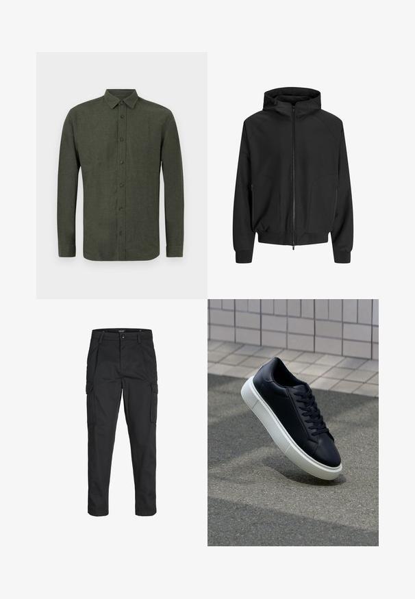 Mustapukuinen hupullinen takki, jossa on vetoketju edessä, raglan-hihat, sivutaskut ja elastiset hihansuut. Valmistettu sileästä kankaasta ja siinä on väljä istuvuus.; Tummanvihreä pitkähihaisten nappipaitojen paita, esitetty tasaisena valkoista taustaa vasten.; Mustat cargo-housut, jotka on valmistettu kestävästä kankaasta. Housuissa on useita taskuja, nappisulku ja kapea istuvuus, jossa on kapenevat lahkeet.; Mustat nahkakengät, joissa on pyöristetty kärki ja valkoinen kumipohja. Varusteena litteät nauhat ja minimaalinen ommel ylhäällä. Teksturoitu pohja pitävyyden lisäämiseksi.