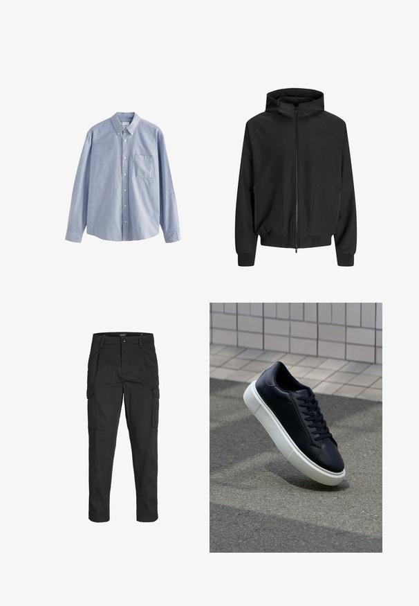Zwarte hoodiejack met rits aan de voorkant, raglanmouwen, zijzakken en elastische manchetten. Gemaakt van een soepele stof met een losse pasvorm.; Lichtblauw overhemd met lange mouwen, gemaakt van katoen, met een button-down kraag, zes knopen en een borstzak met een zachte textuur.; Zwarte cargobroek van stevig stof, met meerdere zakken, een knoopsluiting en een slim fit ontwerp met taps toelopende benen.; Zwarte leren sneaker met een ronde neus en een witte rubberen zool. Voorzien van platte veters en minimale stiksels op het bovenwerk. Textuurrijke zool voor grip.