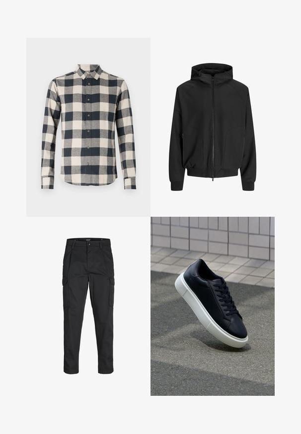 Mustmust kapuutsi ja lukuga, raglan varrukad, küljetaskud ja elastsed mansetid. Valmistatud siledast kangast, lõdva lõikega.; Tumesinise ja kreemika ruudulise mustriga pika varrukaga särk, nööbid alla ja geenise materjal, millel on kaarjas äär ja kontrastsed nööbid.; Mustad mustapõlvik, mis on valmistatud tugeva koe kasutades, sisaldab mitmeid taskuid, nupule kinnitatav sulgemine ja kitsenev disain.; Mustast nahast tennisetoss, millel on ümar nina ja valge kummist tall. Omab siredaid paelu ja minimaalset õmblemist ülemises osas. Tekstuuriga tald, mis tagab haakuvuse.