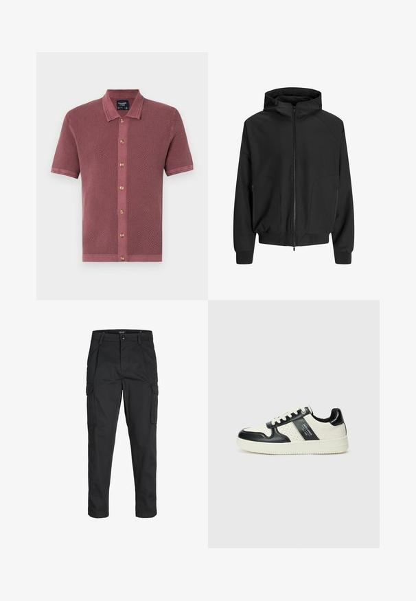 Giacca nera con cappuccio, apertura con zip, maniche raglan, tasche laterali e polsini elastici. Realizzata in tessuto morbido con una vestibilità ampia.; Polo a maniche corte, con texture, in rosa polveroso, caratterizzato da un'apertura con bottoni in legno e un colletto a contrasto.; Pantaloni cargo neri realizzati in un tessuto resistente, dotati di molteplici tasche, chiusura con bottone e un design aderente con gambe affusolate.; Sneakers in pelle con una combinazione di colori nero e crema, dotati di dettagli perforati, collare imbottito e suola testurizzata.