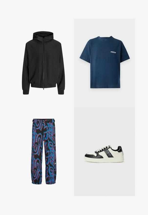 Svart hettejakke med glidelås foran, raglanermer, sidelommer og elastiske mansjetter. Laget av glatt stoff med løs passform.; Marineblå bomull T-skjorte med korte ermer og rund hals. Har en liten hvit logo på venstre brystområde. Myk tekstur.; Svarte bukser med lyseblå og rosa abstrakte mønstre. Har elastiske mansjetter og en midjebånd med to justerbare stropper og knapper.; Lædersneakers med sort og creme farveskema, der har perforerede detaljer, en polstret krave og en struktureret ydersål.