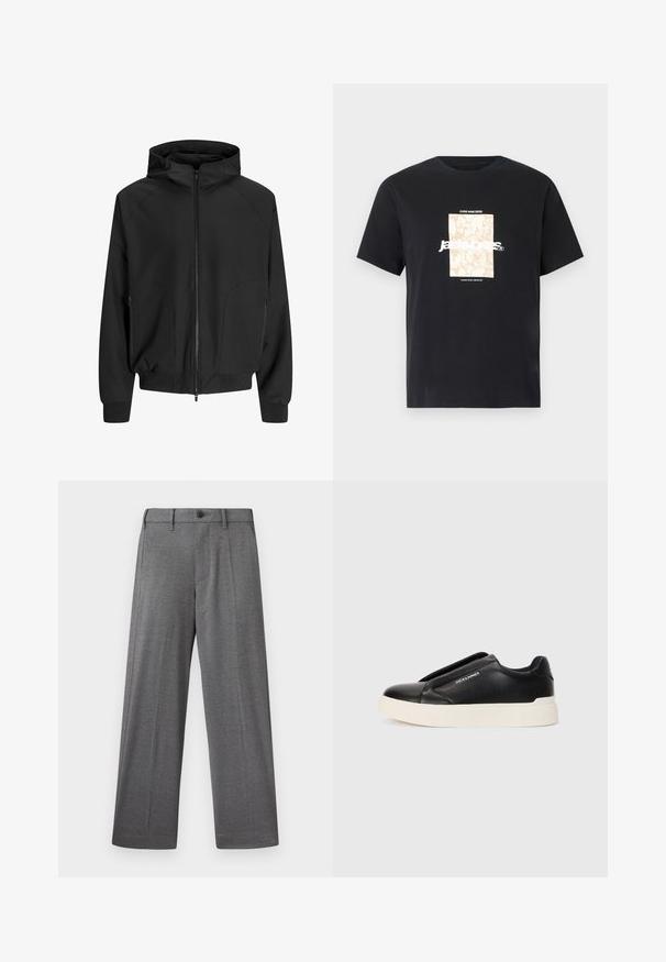 Crna kapuljača jakna s patentnim zatvaračem sprijeda, raglan rukavima, bočnim džepovima i elastičnim manžetama. Napravljena od glatkog materijala s slobodnim krojem.; Crna pamučna majica s okruglim izrezom. Ima bež pravokutni grafički prikaz i bijeli tekst "JAWO" centriran sprijeda. Kratki rukavi.; Sive široke hlače ravnih nogavica od teksturiranog tkanja s kopčanjem na gumbe, bočnim džepovima i oštrim naborima na nogavicama.; Crne slip-on tenisice s teksturiranim kožnim gornjištem, bijelim gumeni potplat i bez vidljivih vezica. Sadrži logotip marke sa strane.