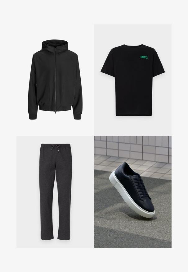 Juodas užtrauktuku užsegamas gobtuvėlis su raglaniniu rankovėmis, šoninėmis kišenėmis ir elastingomis rankovėmis. Pagamintas iš glotnaus audinio, yra laisvo kirpimo.; Juodas medvilninis marškinėliai trumpomis rankovėmis. Priekyje yra žalias „ROOTS“ logotipas, apvalus iškirpimas ir standartinė prigludimo forma.; Tamsiai pilkos, minkštos medvilnės kelnės su elastinga juosmens juosta ir raišteliu. Tiesios kojos dizainas, be kišenių, glotni tekstūra ir paprasta konstrukcija.; Juodas odinis sportbačius su apvaliu pirštu ir baltu gumuotu padu. Turi plokščias raišteles ir minimalų siuvimą viršuje. Padangos tekstūra užtikrina sukibimą.