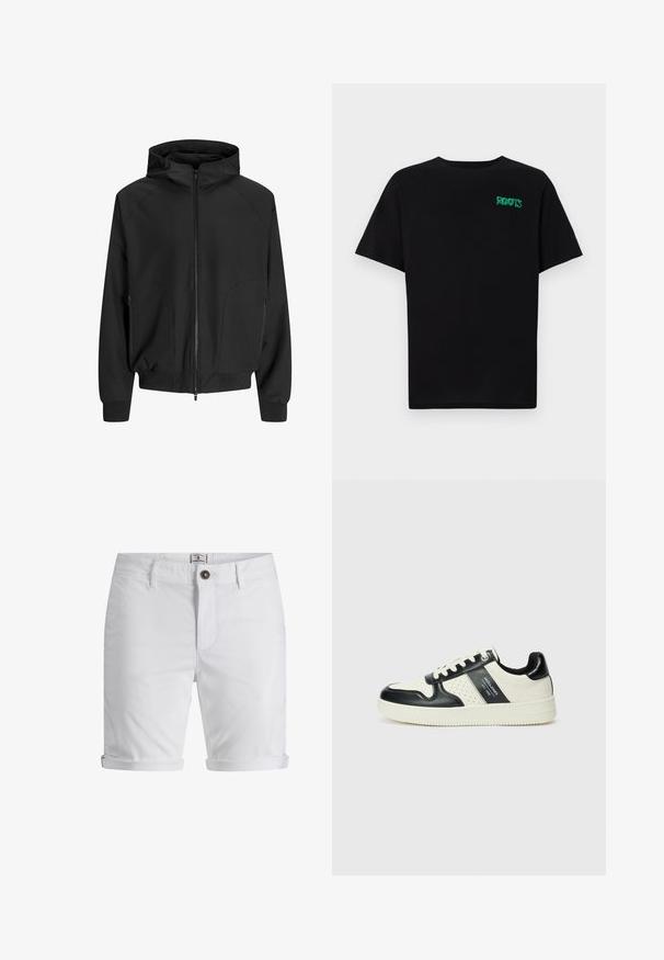 Giacca nera con cappuccio, apertura con zip, maniche raglan, tasche laterali e polsini elastici. Realizzata in tessuto morbido con una vestibilità ampia.; T-shirt nera in cotone con maniche corte. Presenta un logo verde "ROOTS" sulla parte frontale, colletto rotondo e vestibilità standard.; Shorts in cotone bianco con orlo arrotolato, dotati di chiusura a bottone, tasche frontali e tessuto testurizzato. Design a vestibilità standard.; Sneakers in pelle con una combinazione di colori nero e crema, dotati di dettagli perforati, collare imbottito e suola testurizzata.