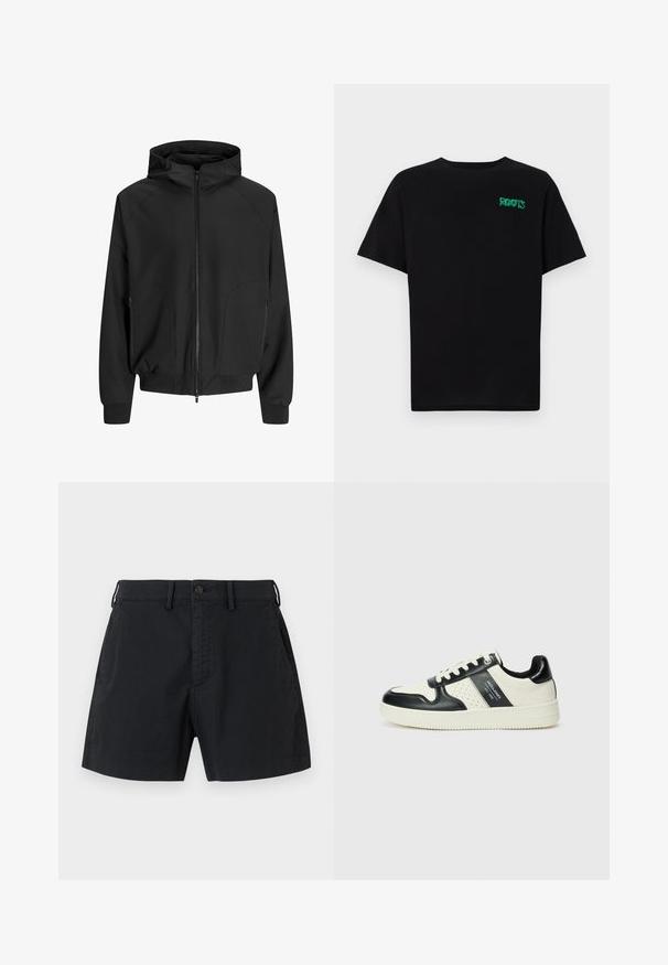 Giacca nera con cappuccio, apertura con zip, maniche raglan, tasche laterali e polsini elastici. Realizzata in tessuto morbido con una vestibilità ampia.; T-shirt nera in cotone con maniche corte. Presenta un logo verde "ROOTS" sulla parte frontale, colletto rotondo e vestibilità standard.; Pantaloni corti neri in cotone con vita bottone, tasche laterali e design a taglio dritto. Texture liscia con un'estetica minimale.; Sneakers in pelle con una combinazione di colori nero e crema, dotati di dettagli perforati, collare imbottito e suola testurizzata.