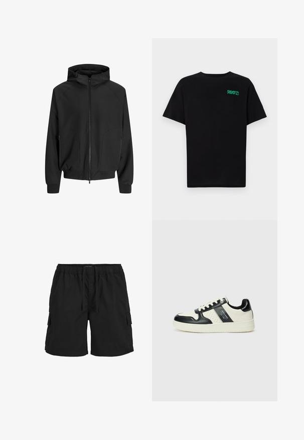 Jachetă neagră cu glugă și fermoar pe față, cu mâneci raglan, buzunare laterale și manșete elastice. Fabricată dintr-un material neted, cu o croială lejeră.; Tricou negru din bumbac, cu mâneci scurte. Prezintă un logo verde "ROOTS" pe față, guler rotund și o potrivire standard.; Șorturi cargo negre cu un brâu elastic, șnur de ajustare, buzunare laterale și un material texturat. Proiectate pentru confort și utilitate.; Tenisi din piele cu un scheme de culori negru și crem, dotati cu accente perforate, guler căptușit și o talpă texturată.
