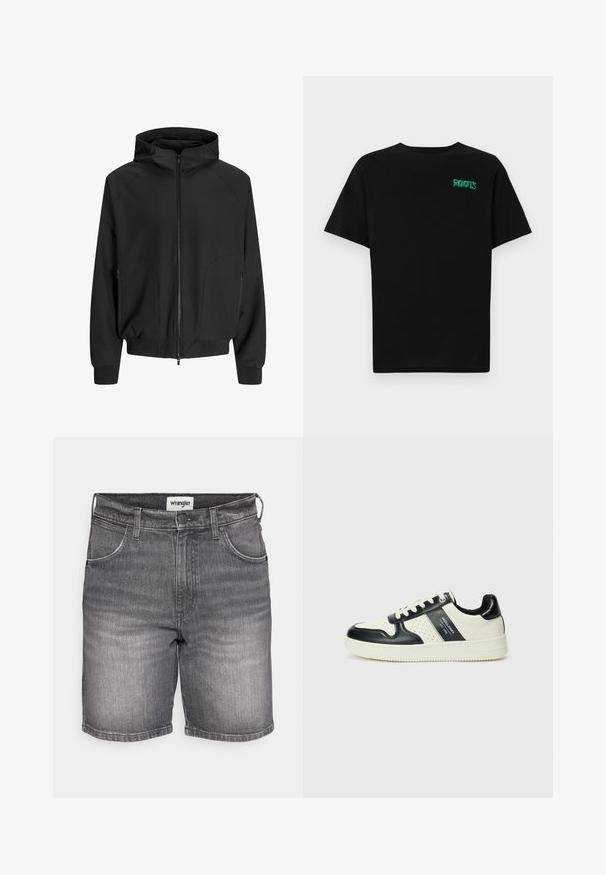 Čierna kapucňová bunda so zipsom vpredu, raglánovými rukávmi, bočnými vreckami a elastickými manžetami. Vyrobená z hladkej tkaniny s voľným strihom.; Čierne tričko s krátkymi rukávmi vyrobené z bavlny. Na prednej strane má zelené logo "ROOTS", okrúhly výstrih a štandardný strih.; Šedé denimové šortky s klasickým strihom, s miernym vyblednutím, piatimi vreckami a logom Wrangler na páske.; Kožené tenisky v čierno-krémovej farbe, s perforovanými akcentmi, polstrovaným golierom a štruktúrovanou podrážkou.