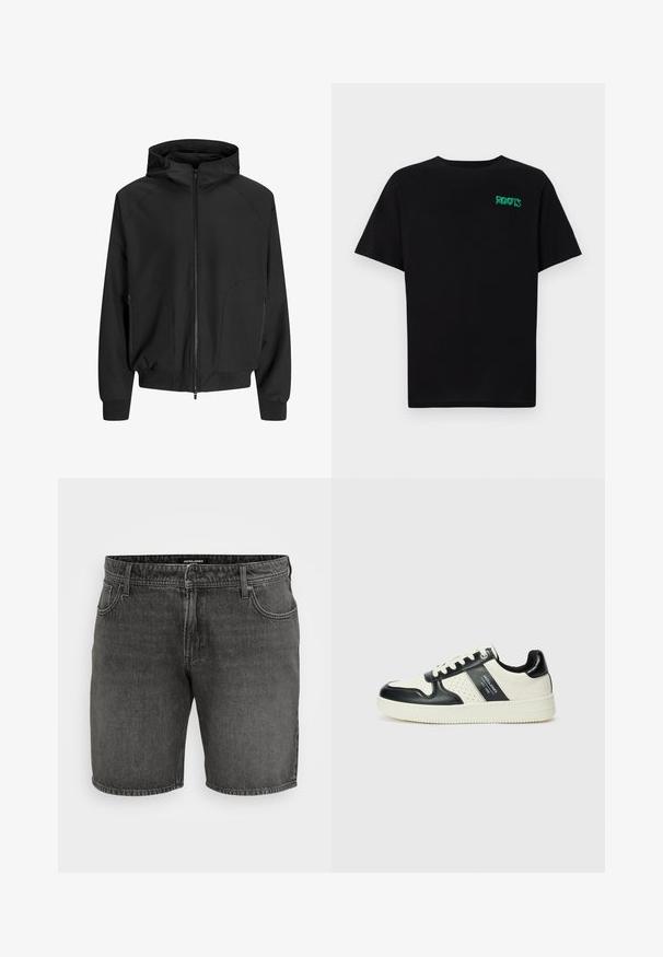 Fekete kapucnis dzseki, elől cipzárral, raglán ujjak, oldalsó zsebek és rugalmas mandzsetták. Sima anyagból készült, laza fazonú.; Fekete, pamutból készült póló rövid ujjakkal. Elöl zöld "ROOTS" logóval, kerek nyakkivágással és normál szabással.; Fekete farmer rövidnadrág, klasszikus öt zsebes dizájnnal, gombos záródással és varrási részletekkel. Tartós pamut anyagból készült.; Fekete és krém színű bőrsneaker, perforált díszítésekkel, párnázott bokapánttal és texturált talppal.