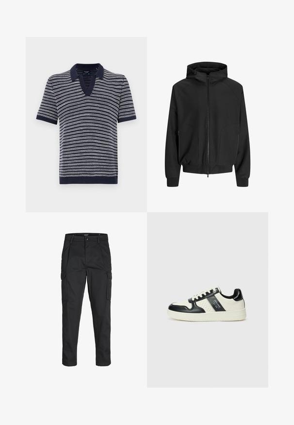 Črna jopica s kapuco in zadrgo spredaj, raglan rokavi, stranske žepke in elastične manšete. Narejena iz gladkega blaga z ohlapnim krojem.; Mornarsko modra polo majica s kratkimi rokavi in V-izrezom, okrašena z vodoravnimi belimi črtami. Narejena je iz mehkega pletenega materiala z rebrastim ovratnikom in robom.; Črne cargo hlače iz trdnega blaga, ki imajo več žepov, gumbasto zapiranje in ozek kroj z zožanimi nogami.; Usnjeni športni čevlji z črno in krem barvno shemo, ki vključujejo perforirane dodatke, podložen ovratnik in strukturirano podplat.
