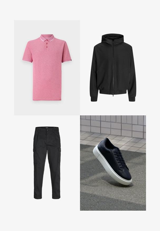 Čierna kapucňová bunda so zipsom vpredu, raglánovými rukávmi, bočnými vreckami a elastickými manžetami. Vyrobená z hladkej tkaniny s voľným strihom.; Ružový polo tričko s krátkymi rukávmi, rebrovaným golierom, zapínaním na tri gombíky a kontrastným bielym lemovaním na golieri a rukávoch.; Čierne cargo nohavice z odolnej látky, s viacerými vreckami, gombíkovým zapínaním a úzkym strihom so zúženými nohavicami.; Čierne kožené tenisky s okrúhlou špičkou a bielou gumovou podrážkou. Majú ploché šnúrky a minimálne šitie na vrchu. Textúrovaná podrážka pre lepšiu priľnavosť.
