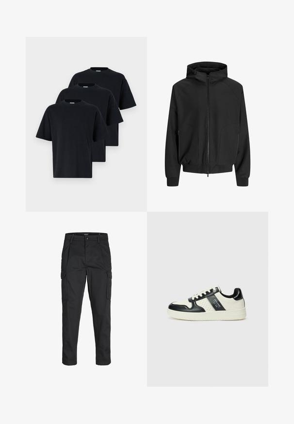 Črna jopica s kapuco in zadrgo spredaj, raglan rokavi, stranske žepke in elastične manšete. Narejena iz gladkega blaga z ohlapnim krojem.; Tri črna bombažna majica s kratkimi rokavi ima klasičen kroj s krožnim vratnim izrezom in sproščen fit, ki prikazuje gladko, enotno teksturo.; Črne cargo hlače iz trdnega blaga, ki imajo več žepov, gumbasto zapiranje in ozek kroj z zožanimi nogami.; Usnjeni športni čevlji z črno in krem barvno shemo, ki vključujejo perforirane dodatke, podložen ovratnik in strukturirano podplat.