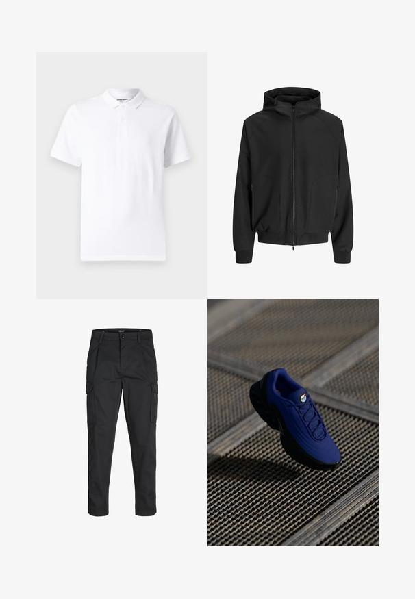 Čierna kapucňová bunda so zipsom vpredu, raglánovými rukávmi, bočnými vreckami a elastickými manžetami. Vyrobená z hladkej tkaniny s voľným strihom.; Biela polokošele s klasickým golierom, dvojitým zapínaním na gombíky, krátkymi rukávmi a malým logom na hrudi. Vyrobená z hladkej tkaniny.; Čierne cargo nohavice z odolnej látky, s viacerými vreckami, gombíkovým zapínaním a úzkym strihom so zúženými nohavicami.; Modré športové topánky s textúrovaným zvrškom, čiernou podrážkou a šnúrkami. Obsahujú značku "air" na jazyku a viditeľné prvky vzduchového polstrovania.