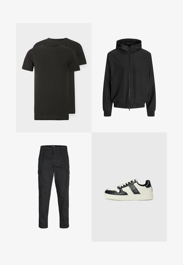 Mustapukuinen hupullinen takki, jossa on vetoketju edessä, raglan-hihat, sivutaskut ja elastiset hihansuut. Valmistettu sileästä kankaasta ja siinä on väljä istuvuus.; Kaksi mustaa pyöreäkauluksista t-paitaa, jotka on valmistettu pehmeästä kankaasta. Lyhyet hihat, suora helma, eikä näkyviä kuvioita tai graafisia elementtejä.; Mustat cargo-housut, jotka on valmistettu kestävästä kankaasta. Housuissa on useita taskuja, nappisulku ja kapea istuvuus, jossa on kapenevat lahkeet.; Nahkakengät musta-kerma värimaailmassa, joissa on rei'itetyt yksityiskohdat, pehmustettu nilkkaosa ja teksturoitu pohja.