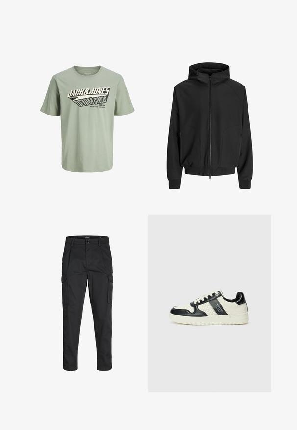 Chaqueta negra con capucha, cremallera frontal, mangas raglán, bolsillos laterales y puños elásticos. Hecha de una tela suave con un corte holgado.; Camiseta de algodón verde claro con un diseño gráfico en blanco y negro que incluye texto. Cuello redondo, mangas cortas y un dobladillo recto.; Pantalones cargo negros hechos de tela resistente, que cuentan con múltiples bolsillos, un cierre de botón y un diseño de corte slim con piernas ajustadas.; Zapatillas de cuero con un esquema de colores negro y crema, que cuentan con acentos perforados, un collar acolchado y una suela texturizada.