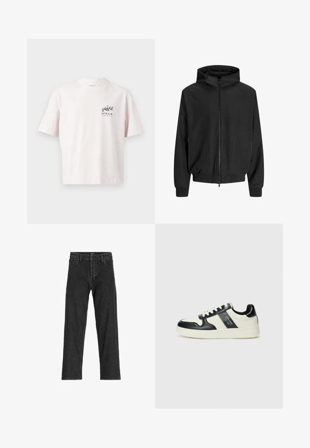 Crna kapuljača jakna s patentnim zatvaračem sprijeda, raglan rukavima, bočnim džepovima i elastičnim manžetama. Napravljena od glatkog materijala s slobodnim krojem.; Bijela pamučna majica s okruglim izrezom, kratkim rukavima i grafičkim dizajnom sprijeda koji prikazuje 'HVAR' i 'HRVATSKA' u crnom i ružičastom tekstu.; Crne traperice s ravnim krojem, s patentnim zatvaračem, petljama za pojas i šest džepova, izrađene od čvrste mješavine pamuka.; Kožne tenisice s crno-bijelom paletom boja, koje imaju perforirane akcentne detalje, podstavljeni ovratnik i teksturiranu potplat.