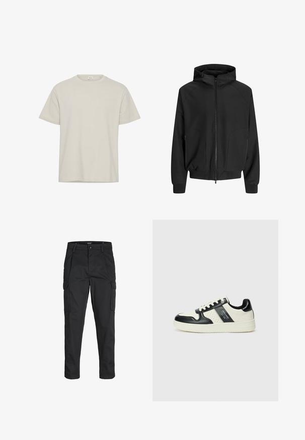 Black hooded jacket with a zip front, raglan sleeves, side pockets, and elastic cuffs. Made from smooth fabric with a loose fit.; Light beige short-sleeve t-shirt made of soft fabric. Round neckline, loose fit, with a plain design and no visible patterns or accents.; Black cargo pants made of sturdy fabric, featuring multiple pockets, a button closure, and a slim fit design with tapered legs.; Leather sneakers with a black and cream color scheme, featuring perforated accents, a padded collar, and a textured outsole.