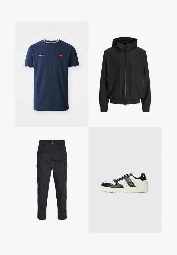Svart hettejakke med glidelås foran, raglanermer, sidelommer og elastiske mansjetter. Laget av glatt stoff med løs passform.; Ellesse BELVIDER TEE - T-shirts med print - navy; Sorte cargo bukser laget av slitesterkt stoff, med flere lommer, knappelukking og en slim fit-design med avsmalnede ben.; Lædersneakers med sort og creme farveskema, der har perforerede detaljer, en polstret krave og en struktureret ydersål.