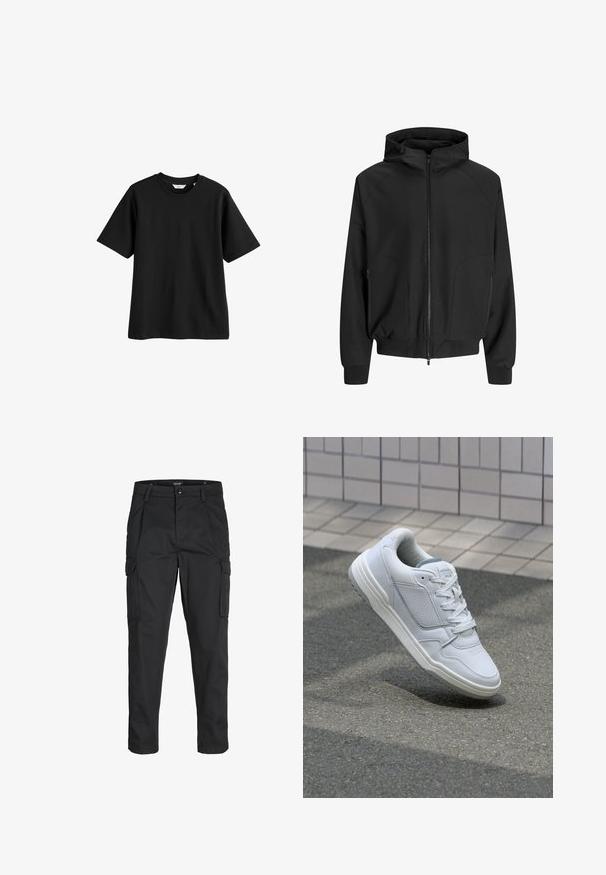 Černá kapucová bunda se zipem vpředu, raglánovými rukávy, bočními kapsami a elastickými manžetami. Vyrobena z hladké látky s volným střihem.; Černé bavlněné tričko s krátkými rukávy, kulatým výstřihem a volným střihem. Hladký povrch, žádné viditelné vzory ani akcenty.; Černé cargo kalhoty vyrobené z odolné tkaniny, s mnoha kapsami, knoflíkovým zapínáním a slim fit střihem se zúženými nohavicemi.; Bílé kožené tenisky s perforovanými stranami, texturovanými detaily, plochými tkaničkami a kontrastní šedou patou. Mají mírně zvýšenou podrážku.