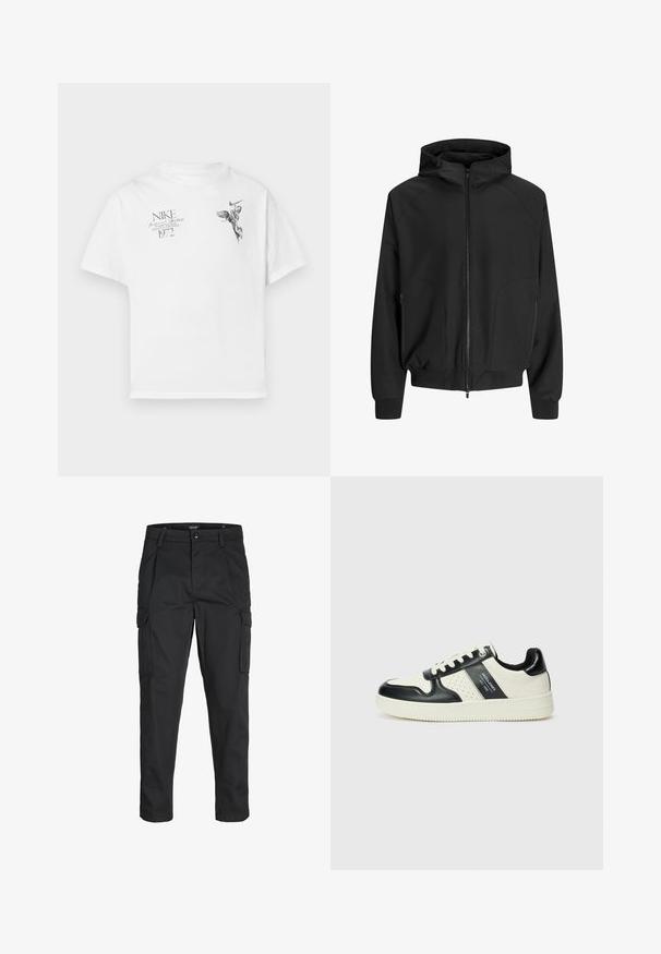 Black hooded jacket with a zip front, raglan sleeves, side pockets, and elastic cuffs. Made from smooth fabric with a loose fit.; White cotton t-shirt featuring a black graphic print of a winged figure and text, with a crew neck and short sleeves.; Black cargo pants made of sturdy fabric, featuring multiple pockets, a button closure, and a slim fit design with tapered legs.; Leather sneakers with a black and cream color scheme, featuring perforated accents, a padded collar, and a textured outsole.