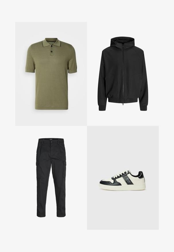 Melnā kapuce ar rāvējslēdzēju, raglāna piedurknēm, sānu kabatām un elastīgām aprocēm. Izgatavota no gludas auduma ar brīvu piegriezumu.; Olīvzaļš īsām piedurknēm polo krekls ar divām melnām pogām un melnu apdari ap apkakles malu.; Melnas kravas bikses, izgatavotas no izturīga auduma, ar vairākiem kabatām, pogu aizdari un šaura piegriezuma dizainu ar sašaurinātiem kāju apakšiem.; Ādas sporta apavi ar melnbaltu krāsu shēmu, ar perforētiem akcentiem, mīkstinātu apkakli un teksturētu zoli.