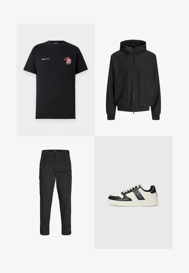 Juodas užtrauktuku užsegamas gobtuvėlis su raglaniniu rankovėmis, šoninėmis kišenėmis ir elastingomis rankovėmis. Pagamintas iš glotnaus audinio, yra laisvo kirpimo.; Replay SHORT SLEEVE GRAPHIC - Marškinėliai su spaudiniu - black; Juodi krovinių tipo džinsai, pagaminti iš tvirto audinio, su keliais kišeniais, mygtuko uždarymu ir siauru, prigludusiu dizainu su siaurėjančiomis kojomis.; Odiniai sportbačiai juodos ir kreminės spalvų schemoje, su perforuotais akcentais, paminkštinta apykakle ir tekstūruotu padu.