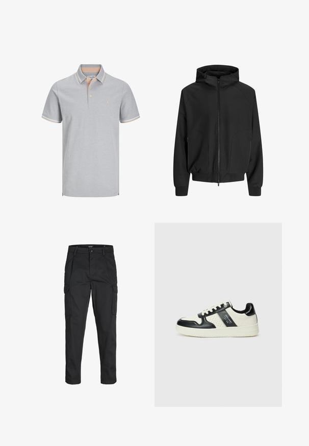 Mustapukuinen hupullinen takki, jossa on vetoketju edessä, raglan-hihat, sivutaskut ja elastiset hihansuut. Valmistettu sileästä kankaasta ja siinä on väljä istuvuus.; Vaaleanharmaa polo-paita, jossa on kaulus, kahden napin penaali ja vastakkaiset persikanväriset raidat kauluksessa ja hihoissa. Yksinkertainen logo koristeena.; Mustat cargo-housut, jotka on valmistettu kestävästä kankaasta. Housuissa on useita taskuja, nappisulku ja kapea istuvuus, jossa on kapenevat lahkeet.; Nahkakengät musta-kerma värimaailmassa, joissa on rei'itetyt yksityiskohdat, pehmustettu nilkkaosa ja teksturoitu pohja.