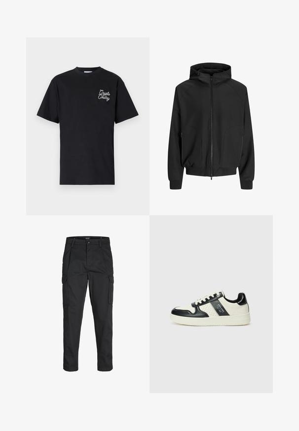 Jachetă neagră cu glugă și fermoar pe față, cu mâneci raglan, buzunare laterale și manșete elastice. Fabricată dintr-un material neted, cu o croială lejeră.; Tricou din bumbac negru cu mâneci scurte, guler rotund și un logo alb brodat "Crypto Cowboy" pe partea stângă a pieptului.; Pantaloni cargo negri dintr-un material rezistent, cu multiple buzunare, închidere cu nasture și un design slim fit cu picioare conice.; Tenisi din piele cu un scheme de culori negru și crem, dotati cu accente perforate, guler căptușit și o talpă texturată.