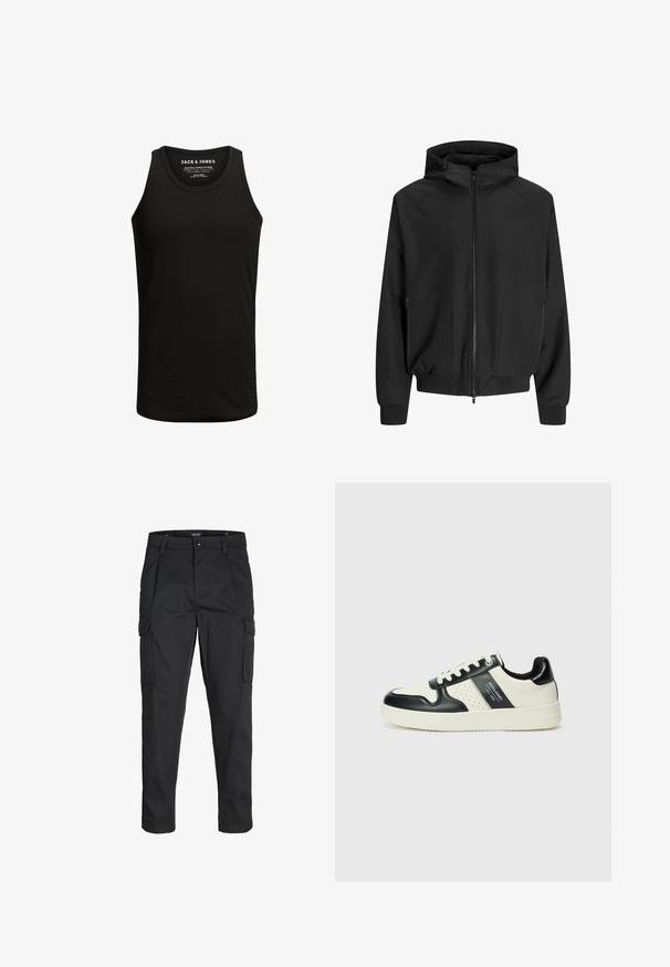 Črna jopica s kapuco in zadrgo spredaj, raglan rokavi, stranske žepke in elastične manšete. Narejena iz gladkega blaga z ohlapnim krojem.; Črn top brez rokavov, izdelan iz mešanice bombaža, s klasičnim krojem vratu. Enostavna tekstura brez vzorcev ali dodatkov.; Črne cargo hlače iz trdnega blaga, ki imajo več žepov, gumbasto zapiranje in ozek kroj z zožanimi nogami.; Usnjeni športni čevlji z črno in krem barvno shemo, ki vključujejo perforirane dodatke, podložen ovratnik in strukturirano podplat.