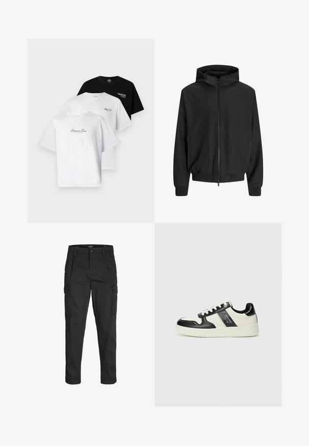 Černá kapucová bunda se zipem vpředu, raglánovými rukávy, bočními kapsami a elastickými manžetami. Vyrobena z hladké látky s volným střihem.; Tři trička v balení: jedno černé, dvě bílá. Krátké rukávy, kulatý výstřih, s textovými grafikami na hrudi v kontrastních barvách. Bavlněný materiál.; Černé cargo kalhoty vyrobené z odolné tkaniny, s mnoha kapsami, knoflíkovým zapínáním a slim fit střihem se zúženými nohavicemi.; Kožené tenisky s černobílou barevnou kombinací, které mají perforované detaily, polstrovaný límec a texturovanou podrážku.