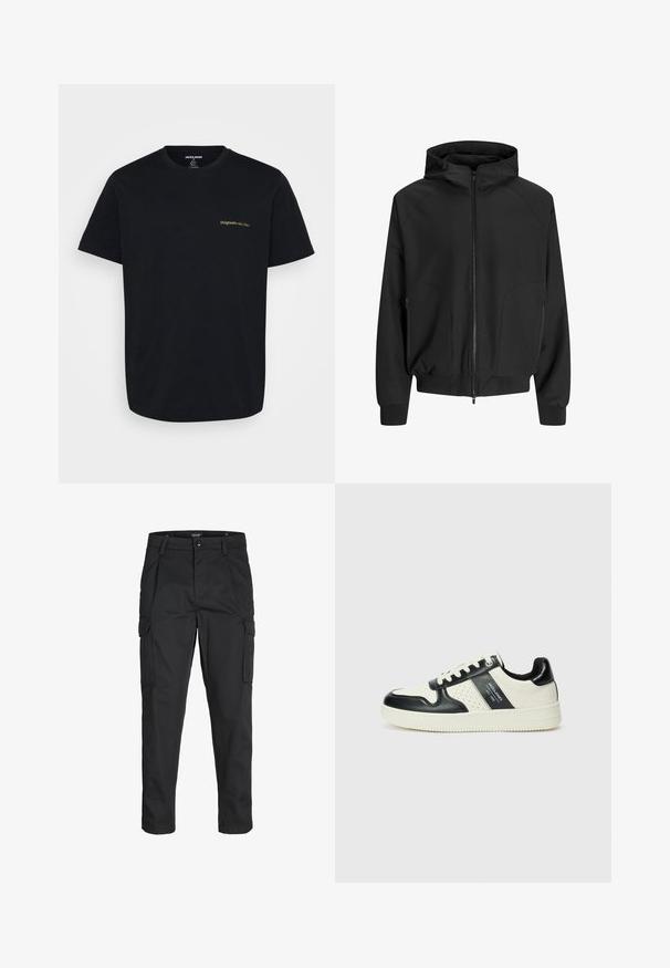 Fekete kapucnis dzseki, elől cipzárral, raglán ujjak, oldalsó zsebek és rugalmas mandzsetták. Sima anyagból készült, laza fazonú.; Fekete pamut póló rövid ujjakkal, bal mellkasán egy kis, arany hímzett "Originals" logóval. Klasszikus kereknyakú fazon.; Fekete cargo nadrág, amely tartós anyagból készült, több zsebet tartalmaz, gombos záródással rendelkezik, és karcsú szabású, szűkített lábakkal bír.; Fekete és krém színű bőrsneaker, perforált díszítésekkel, párnázott bokapánttal és texturált talppal.