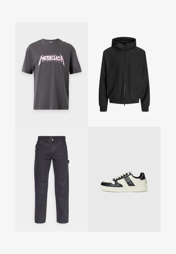 Mustmust kapuutsi ja lukuga, raglan varrukad, küljetaskud ja elastsed mansetid. Valmistatud siledast kangast, lõdva lõikega.; Hall aasta hallist puuvillast T-särk lühikeste varrukatega, millel on rinnal suur roosa "METALLICA" logo tilkuva stiiliga.; Tumehallid cargo-püksid, mis on valmistatud vastupidavast kangast, sirge lõikega, viie tasku ja nupuga kinnitusega vööl.; Nahatud nahkkingad musta ja kreemi värviskeemiga, millel on perforeeritud aktsendid, pehme krae ja tekstureeritud tallad.