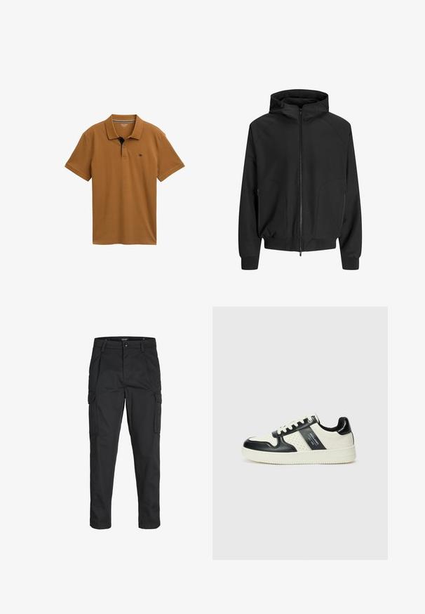 Melnā kapuce ar rāvējslēdzēju, raglāna piedurknēm, sānu kabatām un elastīgām aprocēm. Izgatavota no gludas auduma ar brīvu piegriezumu.; Brūns polo krekls, kas izgatavots no gludas kokvilnas ar klasisku apkakli, trīs pogu aizdari un kontrastējošu tumši zilu detaļu apkaklē.; Melnas kravas bikses, izgatavotas no izturīga auduma, ar vairākiem kabatām, pogu aizdari un šaura piegriezuma dizainu ar sašaurinātiem kāju apakšiem.; Ādas sporta apavi ar melnbaltu krāsu shēmu, ar perforētiem akcentiem, mīkstinātu apkakli un teksturētu zoli.