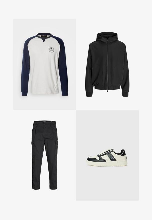 Sort hættejakke med lynlås foran, raglanærmer, sidelommer og elastiske manchetter. Lavet af et glat stof med en løs pasform.; INDICODE JEANS Langærmet T-shirt - navy/off-white; Sorte cargo-bukser lavet af slidstærkt stof, der har flere lommer, en knaplukning og et slim fit design med smalle ben.; Lædersneakers i sort og creme farveskema, med perforerede detaljer, en polstret krave og en struktureret ydersål.