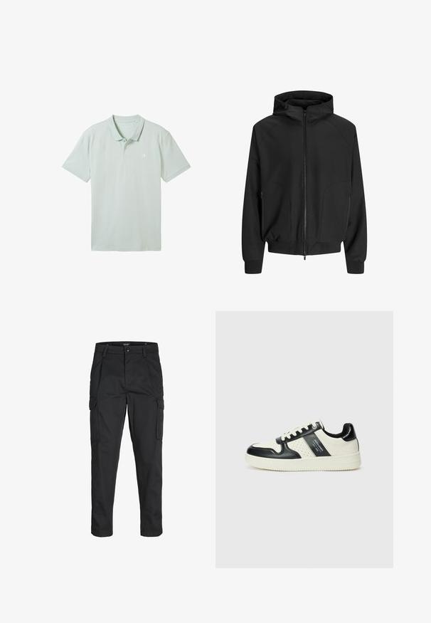 Fekete kapucnis dzseki, elől cipzárral, raglán ujjak, oldalsó zsebek és rugalmas mandzsetták. Sima anyagból készült, laza fazonú.; TOM TAILOR DENIM MIT LOGO - Pólóing - sea foam; Fekete cargo nadrág, amely tartós anyagból készült, több zsebet tartalmaz, gombos záródással rendelkezik, és karcsú szabású, szűkített lábakkal bír.; Fekete és krém színű bőrsneaker, perforált díszítésekkel, párnázott bokapánttal és texturált talppal.