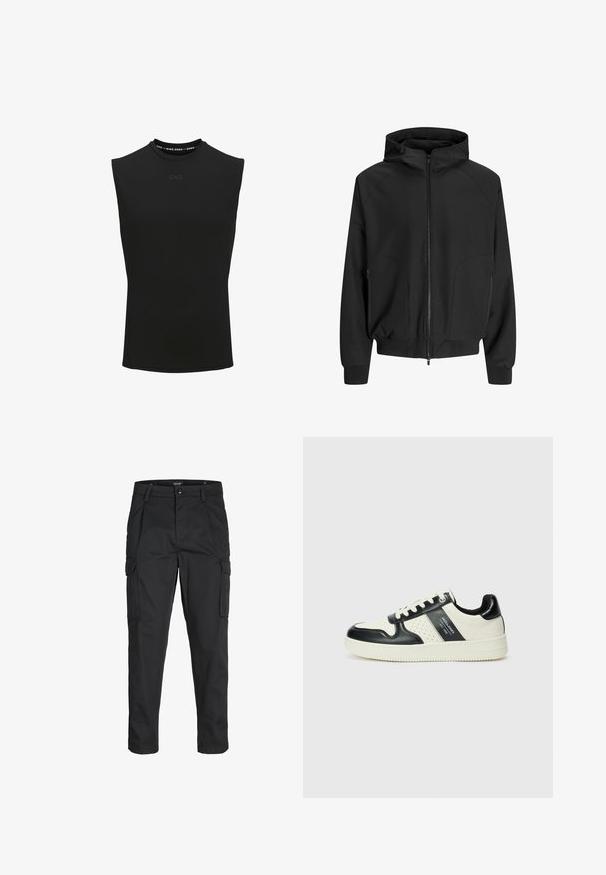 Giacca nera con cappuccio, apertura con zip, maniche raglan, tasche laterali e polsini elastici. Realizzata in tessuto morbido con una vestibilità ampia.; Top atletico senza maniche di colore nero con collo alto e piccolo logo "CNZ" al centro frontale.; Pantaloni cargo neri realizzati in un tessuto resistente, dotati di molteplici tasche, chiusura con bottone e un design aderente con gambe affusolate.; Sneakers in pelle con una combinazione di colori nero e crema, dotati di dettagli perforati, collare imbottito e suola testurizzata.