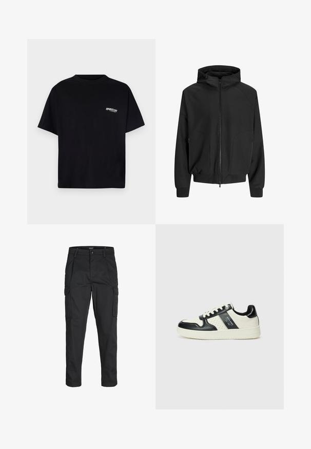 Mustmust kapuutsi ja lukuga, raglan varrukad, küljetaskud ja elastsed mansetid. Valmistatud siledast kangast, lõdva lõikega.; Must must shirt, mille kaelusega, lühikeste varrukatega ja valge logo detailiga vasakul rinnal. Lihtne, ilma kaunistusteta disain.; Mustad mustapõlvik, mis on valmistatud tugeva koe kasutades, sisaldab mitmeid taskuid, nupule kinnitatav sulgemine ja kitsenev disain.; Nahatud nahkkingad musta ja kreemi värviskeemiga, millel on perforeeritud aktsendid, pehme krae ja tekstureeritud tallad.