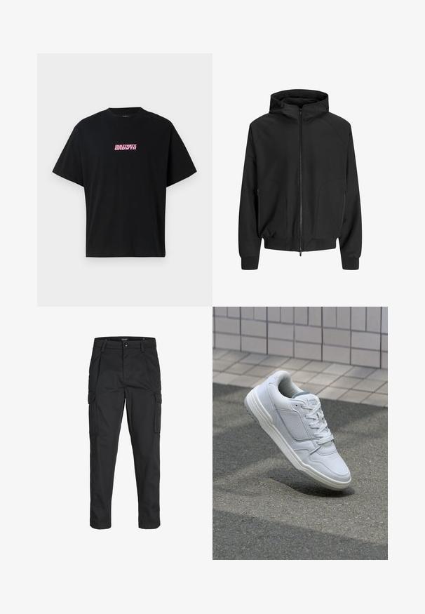 Melnā kapuce ar rāvējslēdzēju, raglāna piedurknēm, sānu kabatām un elastīgām aprocēm. Izgatavota no gludas auduma ar brīvu piegriezumu.; Melnas kokvilnas T-krekls ar īsām piedurknēm. Priekšpusē centrā redzams rozā grafiskais teksts "KULTIVĒ AUGŠANU". Vienkāršs dizains, brīvs piegriezums.; Melnas kravas bikses, izgatavotas no izturīga auduma, ar vairākiem kabatām, pogu aizdari un šaura piegriezuma dizainu ar sašaurinātiem kāju apakšiem.; Baltas ādas sporta apavi ar perforētiem sāniem, teksturētām akcentiem, plakanu šņorēšanu un kontrastējošu pelēku papēdi. Iezīmē nedaudz paaugstinātu zole.