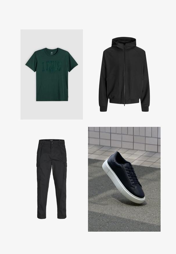 Melnā kapuce ar rāvējslēdzēju, raglāna piedurknēm, sānu kabatām un elastīgām aprocēm. Izgatavota no gludas auduma ar brīvu piegriezumu.; Tumši zaļš kokvilnas T-krekls ar īsām piedurknēm, ar izteiktu LEVI'S logo tumšāk zaļā krāsā, apaļu kakla izgriezumu un taisnu apakšmalu.; Melnas kravas bikses, izgatavotas no izturīga auduma, ar vairākiem kabatām, pogu aizdari un šaura piegriezuma dizainu ar sašaurinātiem kāju apakšiem.; Melnas ādas kedas ar noapaļotu pirkstu un baltu gumijas zoli. Iespējas - plakanas šņorītes un minimāla apdare augšdaļā. Struktūrēta zole, lai nodrošinātu saķeri.