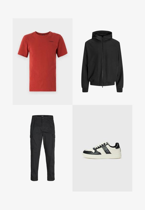 Giacca nera con cappuccio, apertura con zip, maniche raglan, tasche laterali e polsini elastici. Realizzata in tessuto morbido con una vestibilità ampia.; G-STAR BASE - T-shirt basic - rusty red; Pantaloni cargo neri realizzati in un tessuto resistente, dotati di molteplici tasche, chiusura con bottone e un design aderente con gambe affusolate.; Sneakers in pelle con una combinazione di colori nero e crema, dotati di dettagli perforati, collare imbottito e suola testurizzata.