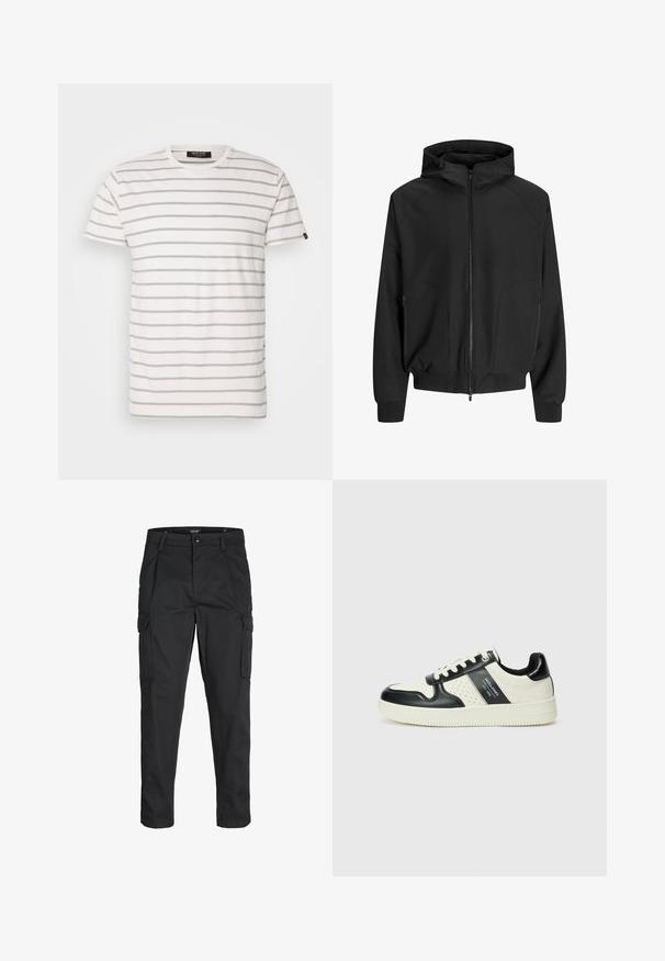 Čierna kapucňová bunda so zipsom vpredu, raglánovými rukávmi, bočnými vreckami a elastickými manžetami. Vyrobená z hladkej tkaniny s voľným strihom.; Tričko s krátkym rukávom a okrúhlym výstrihom v bielej farbe s alternujúcimi šedými pruhmi. Mäkkučká látka s bežným strihom a rovnými okrajmi. Značkový štítok na boku.; Čierne cargo nohavice z odolnej látky, s viacerými vreckami, gombíkovým zapínaním a úzkym strihom so zúženými nohavicami.; Kožené tenisky v čierno-krémovej farbe, s perforovanými akcentmi, polstrovaným golierom a štruktúrovanou podrážkou.