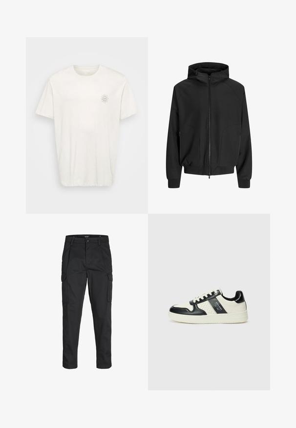 Mustmust kapuutsi ja lukuga, raglan varrukad, küljetaskud ja elastsed mansetid. Valmistatud siledast kangast, lõdva lõikega.; Lühikeste varrukatega, ümberkaela t-särk off-white puuvillast. Vasakul rinnal on väike päikesemuster. Pehme tekstuur, mugav lõige.; Mustad mustapõlvik, mis on valmistatud tugeva koe kasutades, sisaldab mitmeid taskuid, nupule kinnitatav sulgemine ja kitsenev disain.; Nahatud nahkkingad musta ja kreemi värviskeemiga, millel on perforeeritud aktsendid, pehme krae ja tekstureeritud tallad.