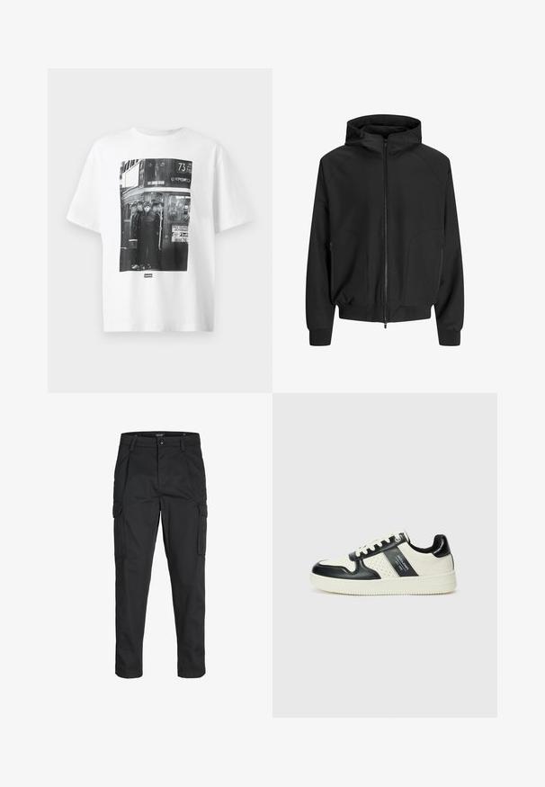 Fekete kapucnis dzseki, elől cipzárral, raglán ujjak, oldalsó zsebek és rugalmas mandzsetták. Sima anyagból készült, laza fazonú.; Fehér pamut póló, amelyen egy fekete-fehér fénykép nyomtatás látható négy alakról egy busszal, szöveggel és grafikákkal, amelyek egy színházhoz és buszjárathoz kapcsolódnak.; Fekete cargo nadrág, amely tartós anyagból készült, több zsebet tartalmaz, gombos záródással rendelkezik, és karcsú szabású, szűkített lábakkal bír.; Fekete és krém színű bőrsneaker, perforált díszítésekkel, párnázott bokapánttal és texturált talppal.