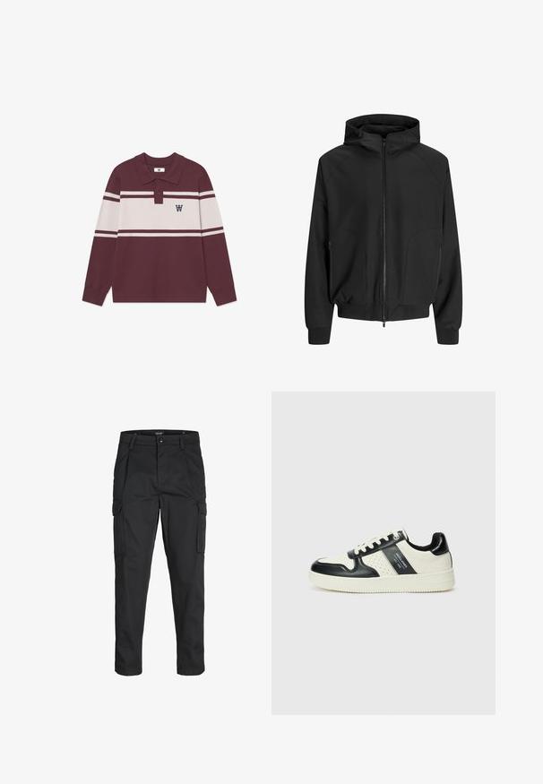 Schwarze Kapuzenjacke mit Reißverschluss, Raglanärmeln, seitlichen Taschen und elastischen Bündchen. Hergestellt aus glattem Stoff mit lockerer Passform.; Langärmeliges bordeauxfarbenes Poloshirt mit weißen horizontalen Streifen, zwei Knöpfen und einem schwarzen "W"-Logo auf der linken Brust.; Schwarze Cargo-Hose aus robustem Material, mit mehreren Taschen, einem Knopfverschluss und einem Slim-Fit-Design mit schmal zulaufenden Beinen.; Leder-Sneaker in Schwarz- und Cremetönen, mit perforierten Akzenten, einem gepolsterten Kragen und einer strukturierten Laufsohle.