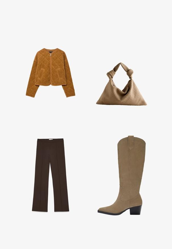 Brązowa pikowana kurtka z korduroju z zamkiem z przodu i dwiema kieszeniami, długimi rękawami i okrągłym dekoltem.; Beżowy sweter z długim rękawem i okrągłym dekoltem, z prążkowanymi mankietami i dołem, wykonany z miękkiej dzianiny, ustawiony na białym tle.; Brązowe, szerokie spodnie z gładkiego materiału; mają plisę z przodu i standardowy pas. Minimalistyczny design bez widocznych zapięć.; Knee-high, jasnobrązowe, zamszowe botki z wąskim noskiem, ściętym obcasem i przeszyciami po bokach. Gładka tekstura i sztywny fason.; Wpleciona torebka w kolorze beżowym o kształcie trójkąta i węzłowych uchwytach. Teksturowana powierzchnia z widocznym wzorem splotu. Zapinana na zamek wewnętrzna kieszeń.