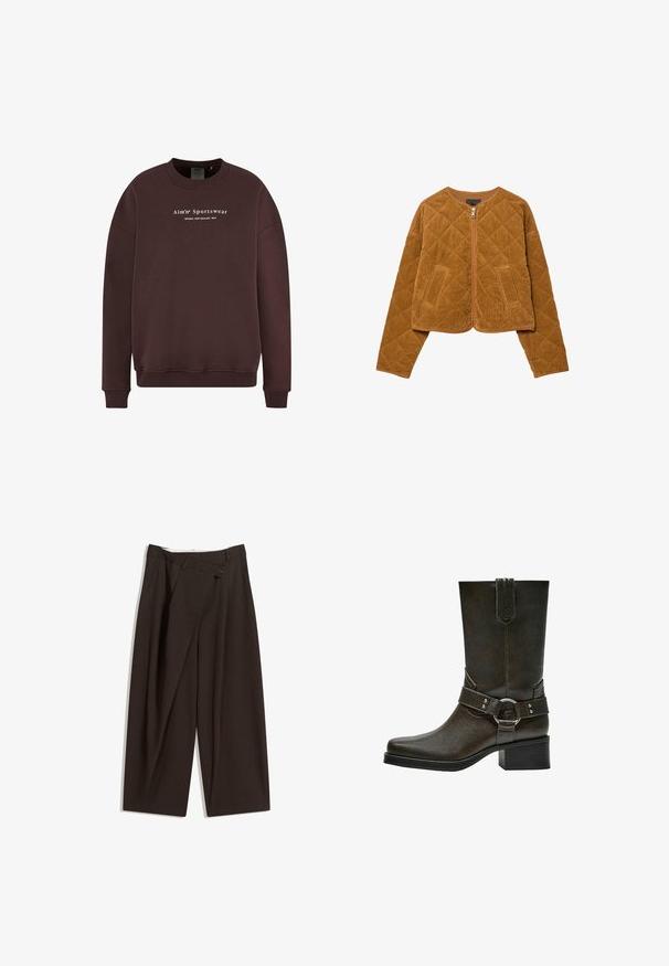 Hnedá prešívaná kordurovná bunda s predným zipsom a dvoma vreckami, dlhými rukávmi a okrúhlym výstrihom.; Hnedý sveter s okrúhlym výstrihom, dlhými rukávmi a rebrovanými manžetami. Predný logotyp obsahuje text "Aim'n Sportswear Sweden New Zealand 2013."; Tmavohnedé široké nohavice s vysokým pásom, s jedným gombíkom a záhybmi vpredu. Vyrobené z ľahkej textílie.; Hnedá kožená členková obuv so štvorcovým špičkou, krátkym blokovým podpätkom a dekoratívnym remienkom s prackou a strieborným kováním. Hladká textúra, jednoduchý dizajn.