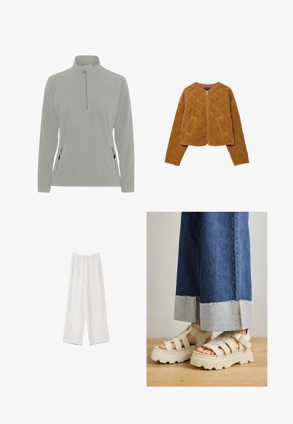 Brun quiltet fløjljakke med frontlynlås og to lommer, lange ærmer og rund halsudskæring.; Lysegrå fleecepullover med høj hals, halv lynlås, sidelommer med lynlås og en glat tekstur. Enkel logo på brystet.; Hvide bukser med bred benlængde lavet af et letvægtsstof. Har et elastisk talje med snor og sidelommer. Glat tekstur.; Beige platform sandaler med tykke såler har et bånddesign og justerbare ankelremme. Båret med bredbenede denimbukser, hvor den ene kant er flosset.