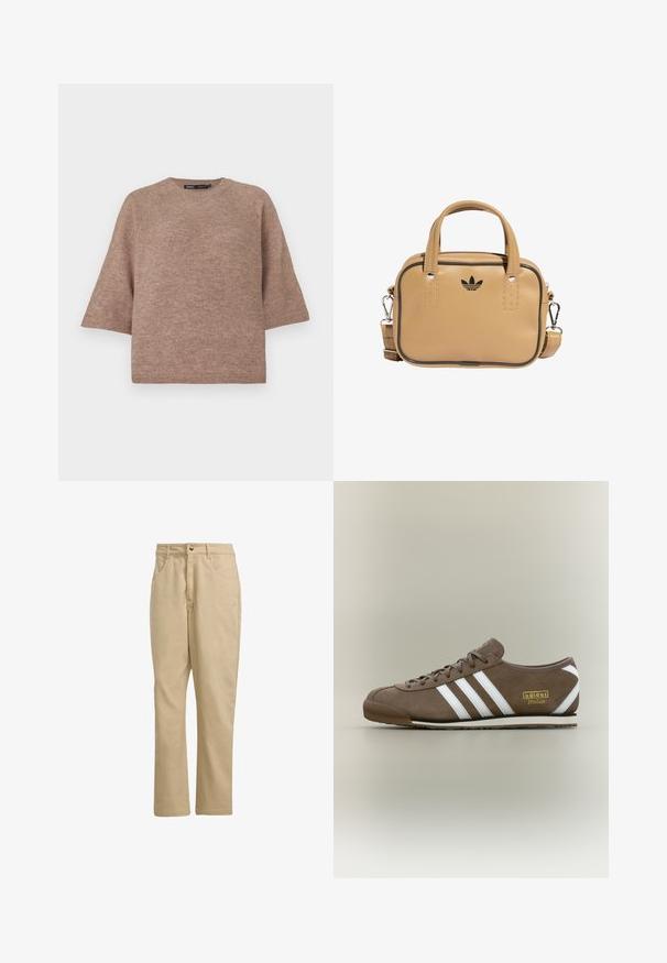 Brun quiltet fløjljakke med frontlynlås og to lommer, lange ærmer og rund halsudskæring.; Brun strikket sweater med rund hals, afslappet pasform og korte, brede ærmer. Blød tekstur, velegnet til afslappet brug.; Khaki bomuldsbukser med lige snit, der har en frontknaplukning, to sidelommer og minimal branding foran.; Brun ruskindssneaker med tre hvide striber, flad gummisål, rund tå og guld "adidas Italia" logo på siden.; Brun vegansk læder taske med to håndtag, aftagelig skulderrem, sort kontrastsyning og et lille sort logo på forsiden.